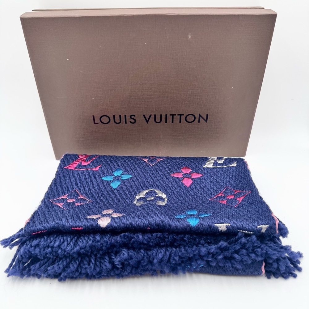 Louis Vuitton Navy Blue Monogram Multicolor Wool Scarf